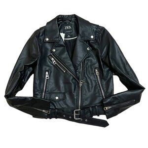 Zara Women's Size S Small Black Faux Leather Moto Biker Style Crop Jacket NWT